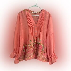 Anthropologie Hope Springs Embroidered Pink Blouse XXL